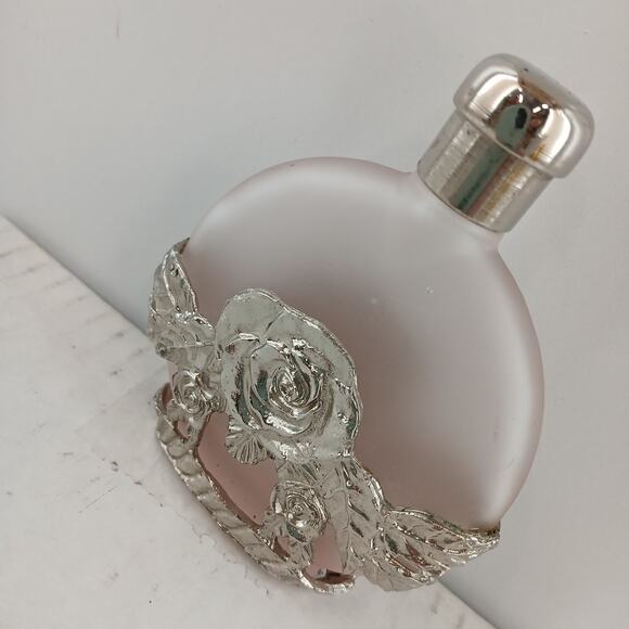 Vintage Silvestri Pink Frosted Glass & Pewter Rose Perfume Bottle 3.75" - Empty - Picture 4 of 10